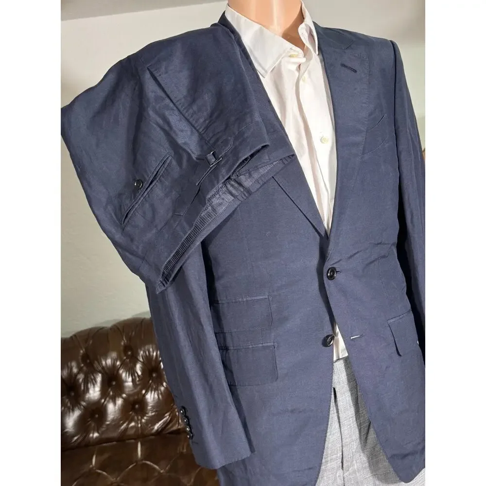 Tom Ford Navy Blue Linen Silk 2Pc Suit 38R US Notch Lapel 32x28.5 Pants O'connor